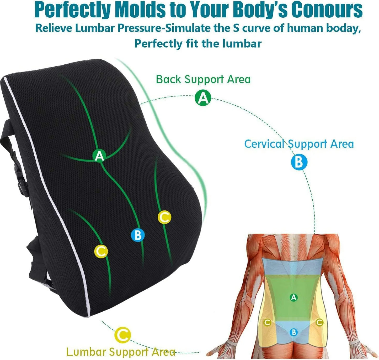Memory Foam Lumbar Support Pillow – Back Pain Relief for Car, Office & Home