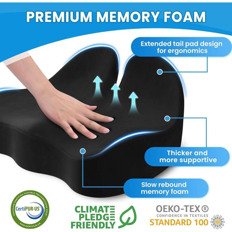 Memory Foam Seat Cushion – Office, Desk, Gaming Chair Support (Black)